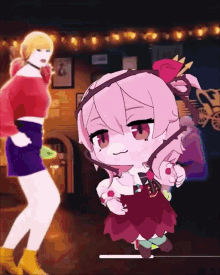 a girl in a red top and purple skirt is dancing with a pink girl in a red dress