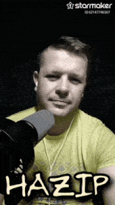 a man wearing headphones and a yellow shirt stands in front of a microphone with the name hazip on the bottom