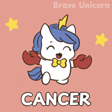 a cartoon of a unicorn holding a crab with the word cancer below it