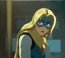a cartoon character with blonde hair and a blue mask on her face