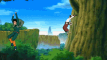 a couple of cartoon characters jumping in the air