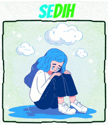 a girl with blue hair is sitting in a puddle with the word sedih written above her