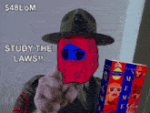 a cartoon of a soldier pointing at a book titled study the laws