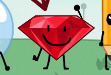 a cartoon drawing of a red diamond with arms and legs smiling