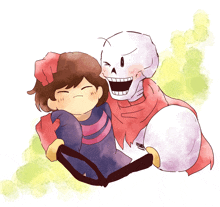 a drawing of a girl and a skeleton laughing together