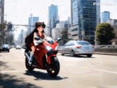 a girl is riding a red motorcycle on a city street with pixverse ai written on the bottom right