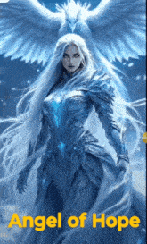 a woman with long white hair is standing next to a white bird with angel of hope written on the bottom
