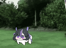 a cartoon girl with purple eyes is walking on the grass .