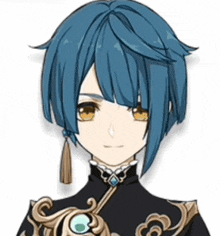 a cartoon character with blue hair and yellow eyes is wearing a black jacket and a necklace .
