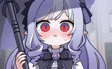 a girl with purple hair and red eyes is holding a black umbrella