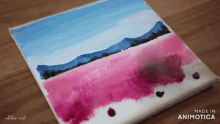 a painting of a field of pink flowers with mountains in the background made by chloe art