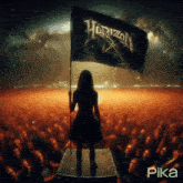 a woman holding a flag that says horizon on it
