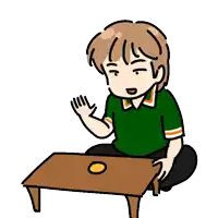 a cartoon drawing of a boy sitting on the floor with his hand up