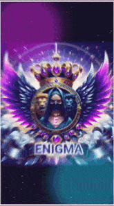 an enigma logo with a woman in a mask and wings