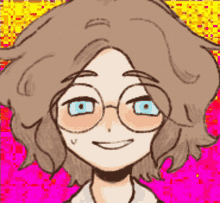 a drawing of a girl with glasses and a smile on her face .