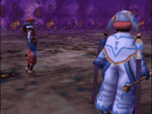 a video game character is standing in a purple area