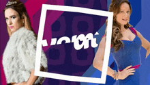 a woman in a fur coat and a woman in a blue dress are standing next to each other in front of a logo for rt