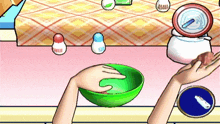 a cartoon drawing of a person holding a green bowl with a bottle of beer in the background