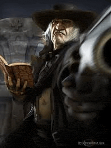 a man in a cowboy hat is holding a book and pointing a gun .