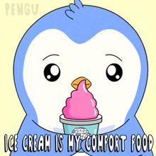 a penguin is eating ice cream with the words ice cream is my comfort food