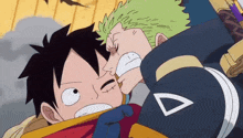 a cartoon of luffy and roronoa zoro kissing