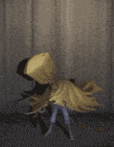 a cartoon character is standing in front of a curtain with a hood on .