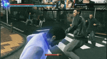 a video game screen shows a man fighting another man with the words defend yourself on the bottom
