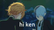 two anime characters standing next to each other with the words hi ken on the bottom right