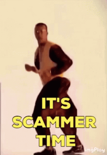 GIF, video clip. MC Hammer dances and a caption reads "It's Scammer Time".