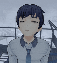 a computer generated image of a boy wearing a shirt and tie with his eyes closed