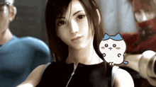 a close up of a girl with a cartoon cat behind her