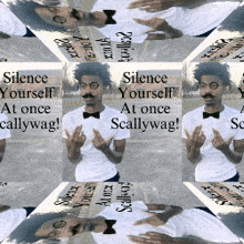 a man with a mustache is giving the middle finger and has the words silence yourself at once scallywag on his shirt