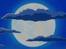a cartoon drawing of a full moon with clouds in the sky