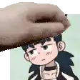 a hand is holding a cartoon character 's head in a pixel art style .