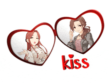 a picture of two anime girls in hearts with the word kiss below them