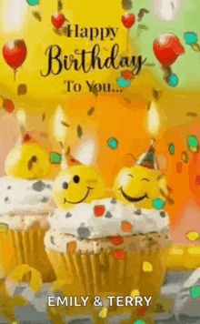 a happy birthday greeting card with cupcakes and candles