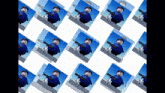 a bunch of pictures of a blue cartoon character with a sign that says ' i 'm sorry ' on it