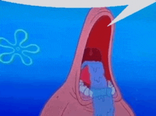 patrick star from spongebob squarepants is crying with his mouth open and a speech bubble in the background .