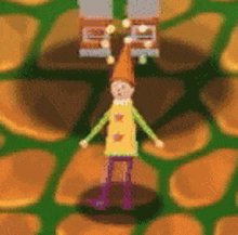 a pixel art of a cartoon character standing on a rocky ground .