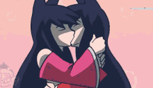 a cartoon of two girls hugging each other with a clock in the background