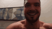 a shirtless man with a beard is smiling in front of a picture .
