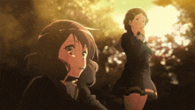 two anime girls are standing next to each other in a forest