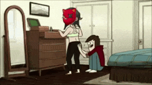 a cartoon of a man and a woman in a room