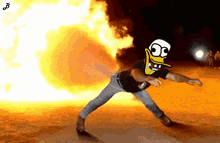a cartoon of a man standing in front of a fire with the letter b on the bottom