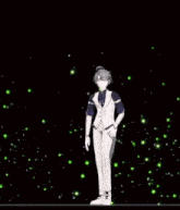 a man in a white suit is dancing in front of a black background