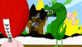 a cartoon of a green snake eating a brown animal