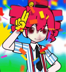 a cartoon character giving a peace sign with a smiley face on her hat