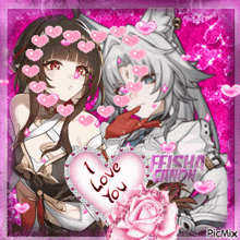 a picture of two anime girls with a heart that says i love you on it