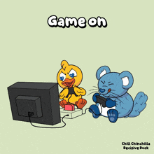 a cartoon of a duck and a mouse playing a video game with the words game on above them