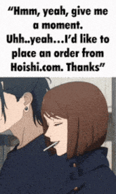 a man and a woman are standing next to each other and the man says " hmm yeah give me a moment